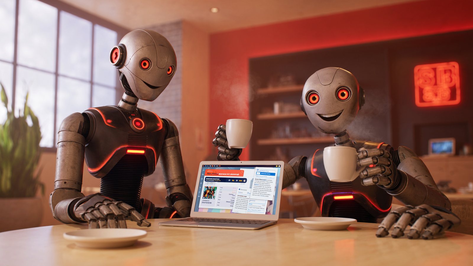 Two friendly robots chatting over coffee while looking at search results and star reviews on a laptop